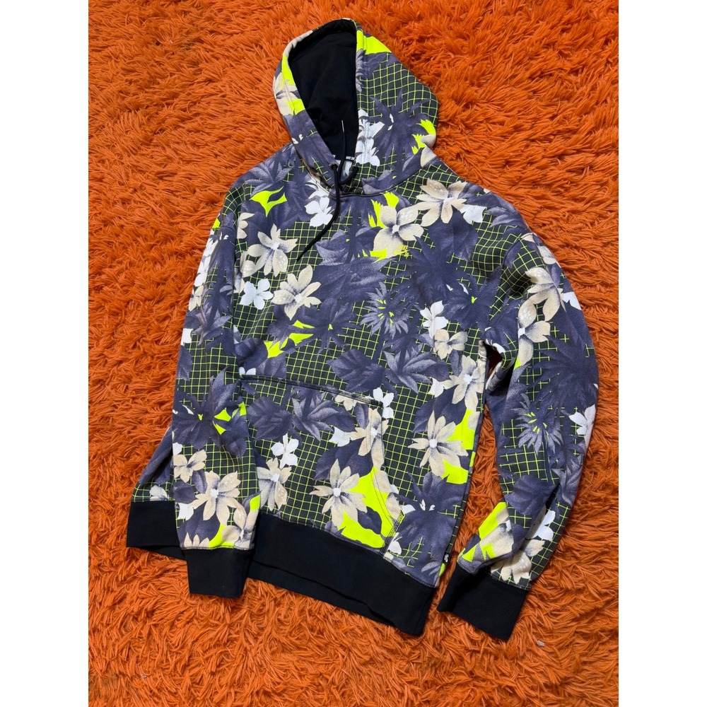 Nike SB Mens Floral Grid Pullover Hoodie Neon Yellow Black Grey M